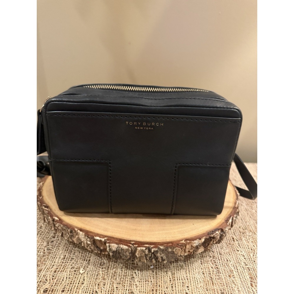 Tory Burch Block-T Double Zipper Crossbody Handbag Purse Black